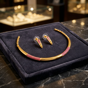 Ensemble collier et boucles d'oreilles classiques plaqués or, imitation perles Kundan, incrustations de zircon rose et vert, design géométrique pour femme, mariage - Product Image 3