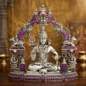 Arquitectónicamente Tallado Arcángel Shiva de Plata Pura en Pose Meditativa, Ídolo Religioso Púrpura Vibrante para Decoración de Templo y Hogar - Product Image 5