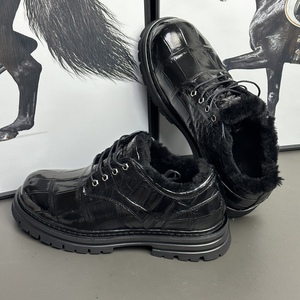 Black 100% crocodile leather Oxfords With Plush Lining Round Toe Lace-Up Winter <b>Dress</b> Shoes <b>Rubber</b> Outsole EVA Midsole - Product Image 5