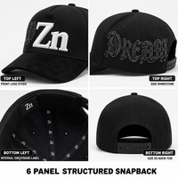 Casquette en daim noir OEM ODM avec logo 3D en relief et strass, 6 panneaux structurés, fermeture snapback, couleur personnalisée, MOQ, BSCI, Barudan, expédition DDP