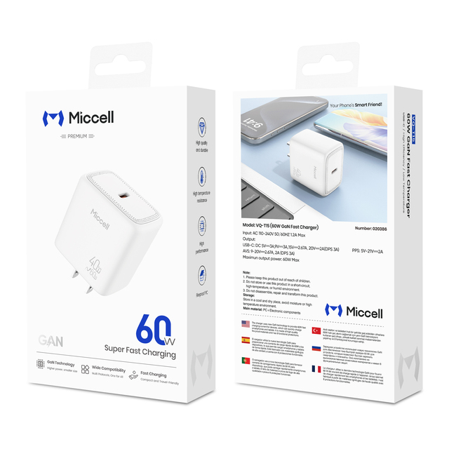 Miccell Wholesale PD 60W Type-C Mobile Phone Chargers GaN Fast Charging Adapter American Standard Wall Chargers for Smart Phones