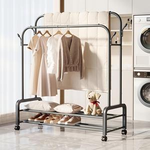 Double-Rod Metal Clothes Rack 2-Tier Storage <strong>Shelves</strong> 4 <strong>Hooks</strong> Rust-proof Movable Coat Rack Bag Storage Modern Detachable Design - Product Image 3