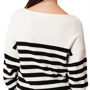 Customized Classic <strong>Black</strong> <strong>and</strong> <strong>White</strong> <strong>Stripe</strong> Relaxed Waffle Knit T-shirt Fashion Contrast Wide <strong>Stripe</strong> <strong>Long</strong> <strong>Sleeve</strong> Knit <strong>Top</strong> - Product Image 5