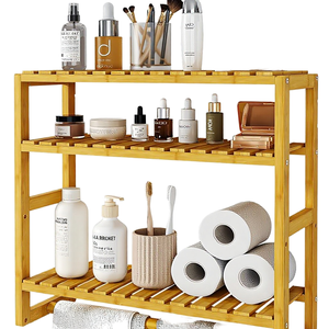Étagère de salle de bain en bambou réglable à 3 niveaux, non pliable, support mural multifonctionnel pour économiser de l'espace (Lumière) - Product Image 1