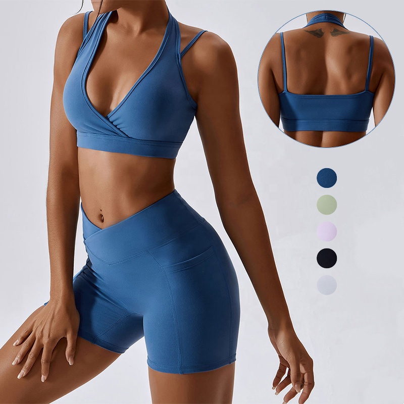 2023 Women Halter Sports Bra Front Cross Ruched Fitness Yoga Top Breathable Medium Support Sports Tank Tops