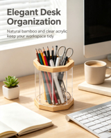 Porte-stylos en bambou naturel et acrylique, organiseur de bureau transparent, multi-styles, rangement de bureau pour le bureau, la maison et l'école