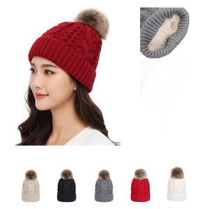 Women Knitted Beanie Red Cable Knit Warm Hat With Pom Pom 55.9-57.8 Cm - Product Image 4