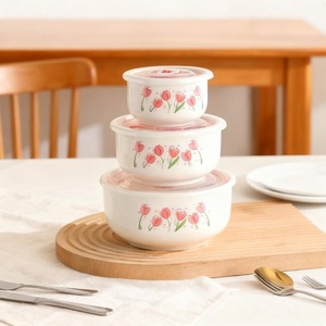 Tulip Bone China Color Enamel Rice Bowl Fresh-Keeping Three-piece Gift Box Camping Classic Food Serving <b>Container</b> - Product Image 2