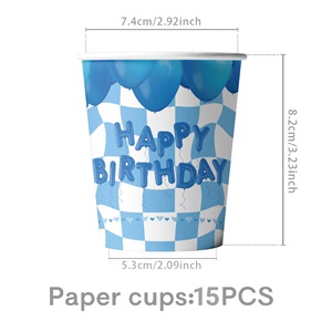 Kit de vaisselle jetable à thème Joyeux Anniversaire avec motif gâteau bleu, comprenant assiettes, gobelets et serviettes, pour anniversaire de garçon et fournitures de fête prénatale - Product Image 2