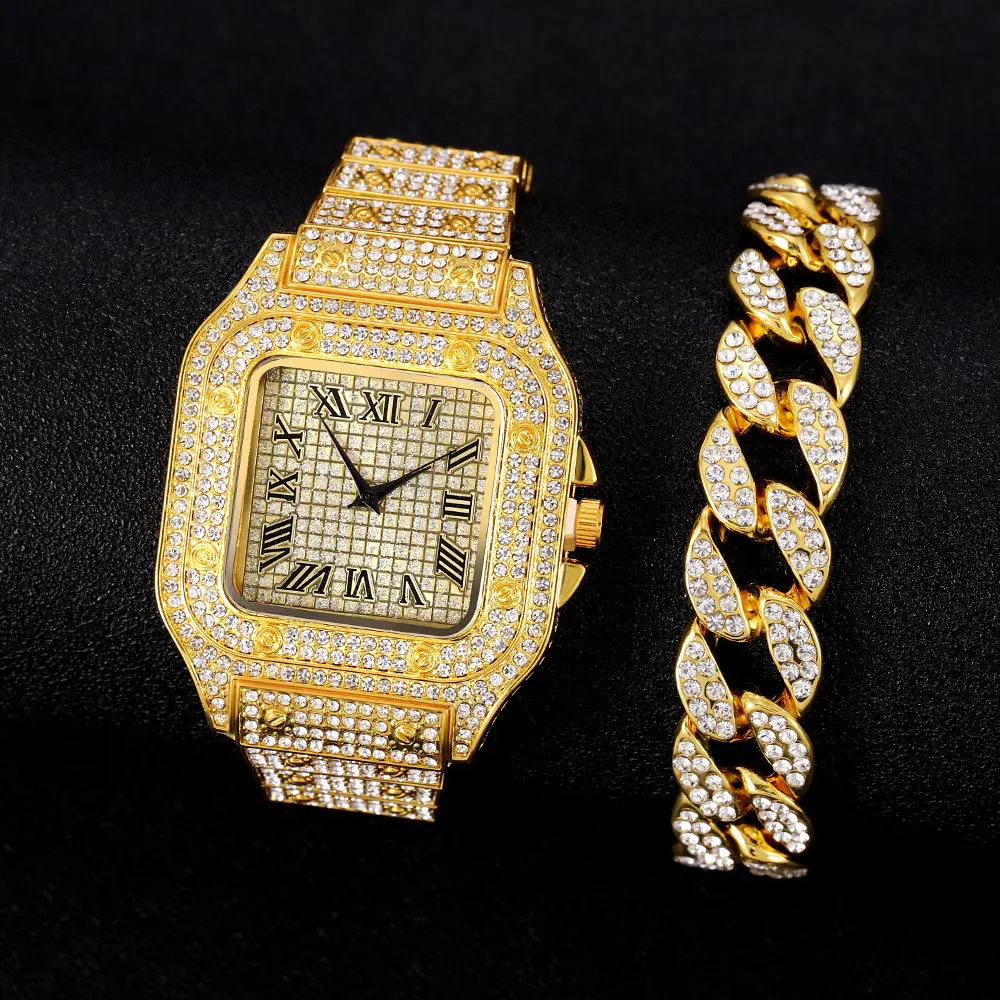 Various fashion hip hop rhinestone iced out wrist quartz watch with bling miami cuban chain bracelet set