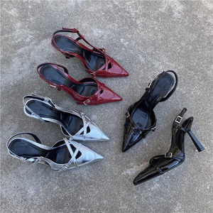 Nouvelles Sandales Polyvalentes à Brides Croisées et <span class=keywords><strong>Petit</strong></span> Orteil, Escarpins à Talons Hauts en Cuir Verni à Bout Pointu pour Femmes - Product Image 1