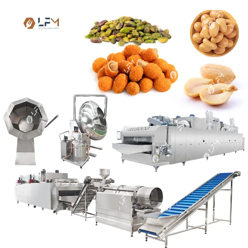 Linha de produção industrial de nozes torradas, máquina de revestimento de açúcar, equipamento para fazer amendoim, linha de processamento de caju salgado