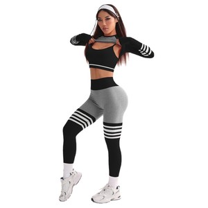 Conjunto Deportivo de 3 Piezas para Mujer, Sujetador Deportivo con Espalda en V, Leggings, Traje de Yoga para <span class=keywords><strong>Gimnasio</strong></span>, Correr al Aire Libre, Entrenamiento, Leggings de Manga Larga, Traje Elástico - Product Image 4