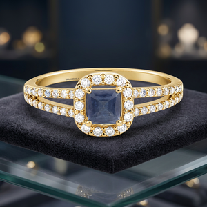 Bague de fiançailles et de mariage Vaayu Jewels Luxury Sapphire Halo, sertie de saphirs, design géométrique pour femme, or 10K 14K 18K, argent 925 935 - Product Image 1