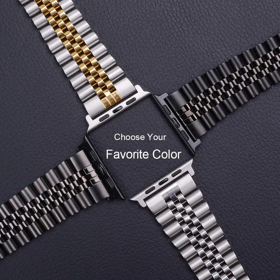 Keepwin 5 Bead Solid Jubilee Stainless Steel Strap Wrist Watch Band Butterfly Buckle Strap Bracelet for Apple IWatch 11 10 9 8 7