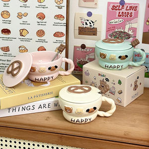 Mug en céramique mignon à motif de dessin animé, avec couvercle et cuillère, design pain de pretzel, motif joyeux, grande capacité, pour le petit-déjeuner, cadeau - Product Image 3