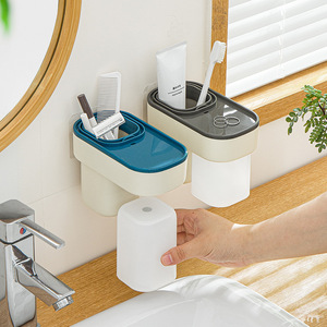 Toothbrush Cup Set Plastic Suction Cup Mount Bathroom Storage Toothpaste Holder With Lid Orange Gray - Product Image 2