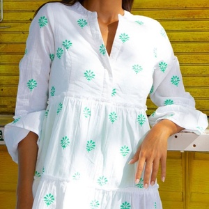 Elegante Vestido de Lino y Algodón con Cuello en V, Casual, Bordado, con Volantes y Mangas Abullonadas, Mini Vestido de Verano para Mujer - Product Image 2