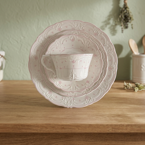 Tasse et Assiette en Porcelaine Rose à Relief Floral Style Palais Rétro Créatif, Forme Irrégulière, Émaillée, Écologique, En Stock, Retour à l'École - Product Image 3