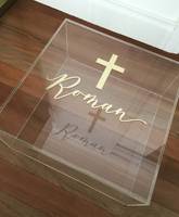 Boîte de baptême en acrylique transparente sur mesure avec autocollant en feuille