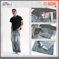 Jean droit en denim délavé mi-bleu pour homme, style streetwear américain, taille mi-haute, imprimé 3D, décontracté, 100 % coton, haute qualité, collection printemps