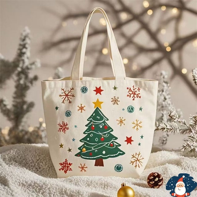 Custom Logo Christmas Canvas Tote Bags Wholesale Eco-friendly Reusable Cotton Shopping Bags for Holiday Promotion