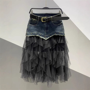 2026 New Fashionable Mesh Splicing Nail Bead Cowboy <b>Long</b> <b>Skirt</b> Versatile and Slimming A-line Half Body <b>Skirt</b> - Product Image 1