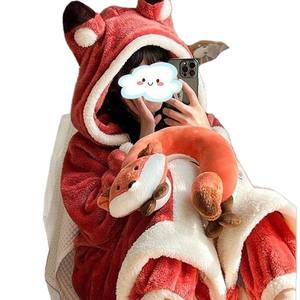 Conjunto de ropa para el hogar de talla grande roja Otoño Invierno Coral pijama con <span class=keywords><strong>forro</strong></span> <span class=keywords><strong>polar</strong></span> grueso sólido pequeño zorro camisón de pareja - Product Image 5