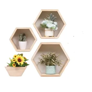 Rustic Wooden Floating Shelves Hexagon Wall Mounted Display Storage Shelf For Home Decor