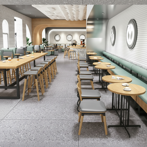 Conjunto de Muebles de Café de Estilo Nórdico con Bancos Tapizados en Verde Menta, Mesas Redondas de Madera y Sillas Minimalistas - Product Image 1