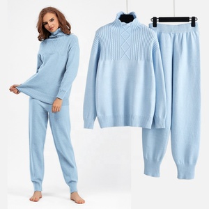 Haute qualité torsadé côtes tricot Angola Viscose pull deux pièces ensemble femmes vêtements lâche revers <span class=keywords><strong>pantalon</strong></span> <span class=keywords><strong>pantalon</strong></span> costume décontracté - Product Image 2