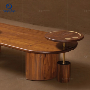 Ensemble de tables basses ovales en noyer avec tables d'appoint rondes, accent doré, grain de bois, style mi-siècle, pour salon de villa, fabrication OEM - Product Image 4