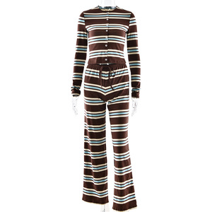 ชุดเซ็ตสองชิ้นลายทางถักนิตติ้งสำหรับผู้หญิง แขนยาว กางเกงขายาวเอวสูงทรงตรง ระบายอากาศได้ดี - Product Image 3