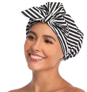 <span class=keywords><strong>Bonnet</strong></span> <span class=keywords><strong>de</strong></span> <span class=keywords><strong>bain</strong></span> rayé imperméable - Chapeau <span class=keywords><strong>de</strong></span> douche réutilisable pour la protection des cheveux avec nœud décoratif pour adultes - Product Image 1