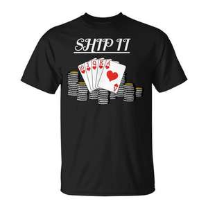 T-shirt unisexe pour adulte à manches courtes et col rond avec impression numérique, motif Ship It Poker, Royal Flush, cartes et jetons - Product Image 1