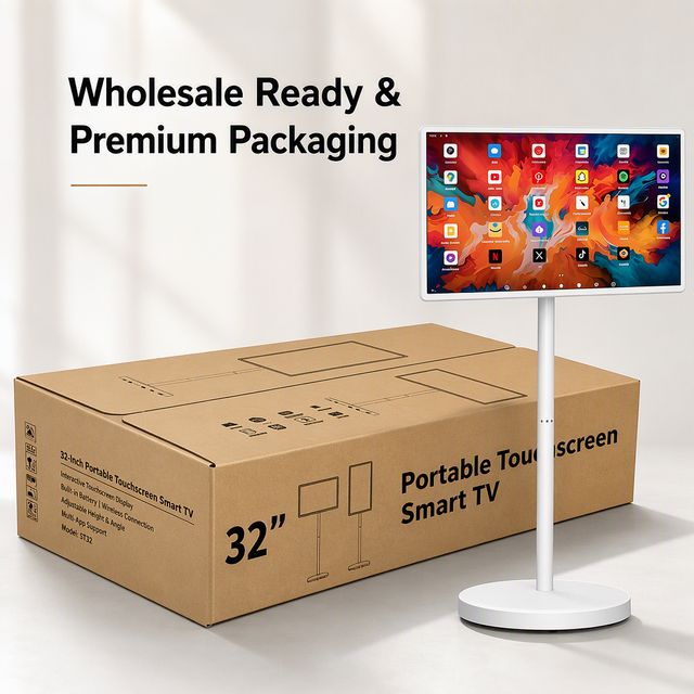 Wholesale 27 Inch Portable Smart TV on Wheels Rechargeable Battery White Touch Screen TV for Kitchen Bathroom Teaching OEM ODM