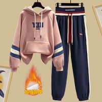 Ensemble deux pièces chaud et imperméable en peluche unie avec capuche pour femme, comprenant un pull brodé et un pantalon sarouel décontracté, idéal pour l'hiver.