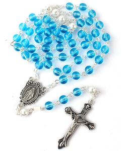 Cuentas de cristal rosa y azul claro de 6mm con cuentas de perla Glory Collar De Rosario Católico con bolsa de regalo de terciopelo - Product Image 6