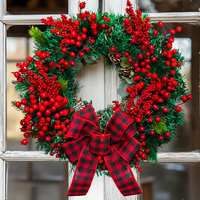 Décoration de vitrine de Noël, nœud rouge, boule de Noël, couronne de Noël