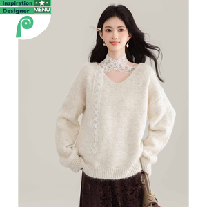 Maglione di Alta Qualità 2025, Elegante Scollo a V in <span class=keywords><strong>Pizzo</strong></span>, Lavorazione in Lana di Alta Qualità, Bianco - Product Image 2