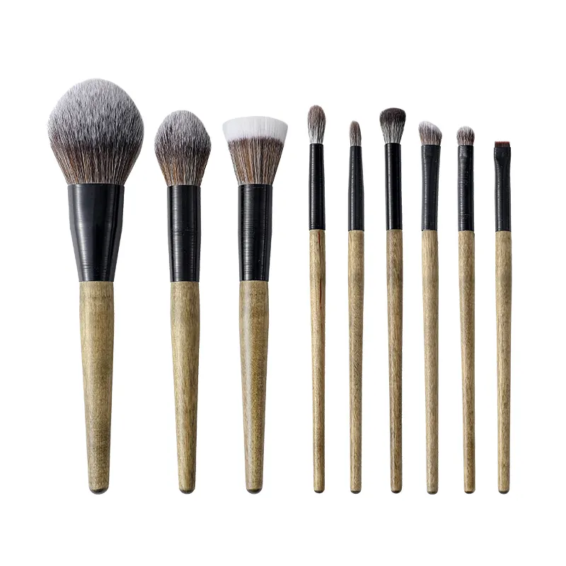 HXT-141 Kustom Kuas Makeup Multifungsi Rambut Alami/Sintetis Pegangan Kayu 9 Buah Makeup Brush Set untuk Makeup Sehari-hari