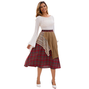 Women Irregular Plaid Long <b>Skirt</b> <b>Patchwork</b> Design Asymmetrical Elastic Waist Corduroy Soft Retro Japanese Style Set - Product Image 3