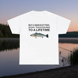 Camiseta divertida con meme: Compra una camiseta sarcástica e irónica con la frase 'Compre un hombre, coma pescado, haga que el hombre le enseñe al pez a comer durante una vida'. - Product Image 3