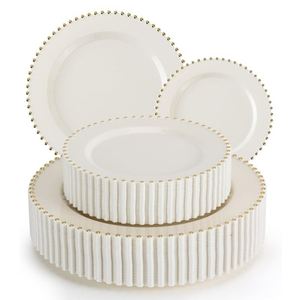 Clear <b>Plastic</b> Plates with Gold Beads 13 Inch White Round Charger Underplate Bulk Disposable Tableware for Event Rental - Product Image 1