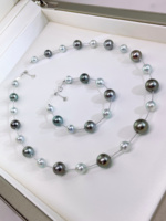 Ensemble collier et bracelet étoilé en perles de riz et perles de Tahiti mélangées, avec fermoir extensible 18K