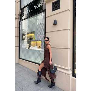 Long Brown Ball Gown <b>Prom</b> <b>Dress</b> with Deep Slit Embroidered Polyester Woven Fabric Empire Waistline Sequined Decoration Size XL - Product Image 1