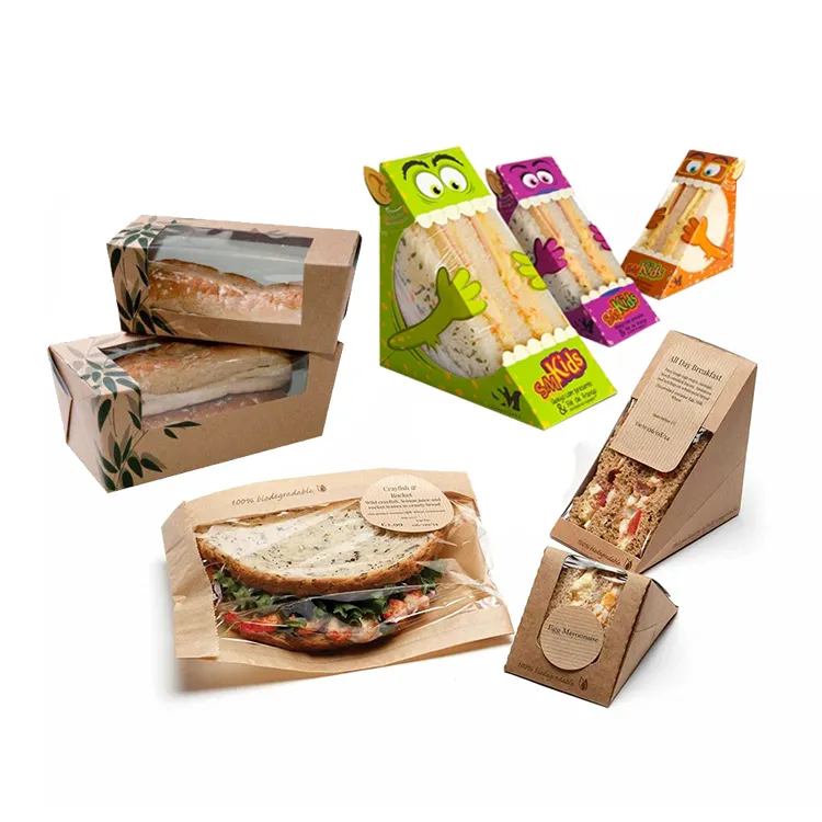 Custom logo printed eco friendly restaurant food triangle takeaway packaging for sandwich kraft paper box with window