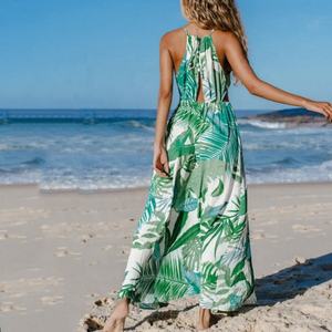 Robe longue maxi tendance à imprimé feuilles, à découpes, épaules dénudées, florale, pour les vacances à la plage, vêtements de plage pour femmes, robe longue hawaïenne - Product Image 2