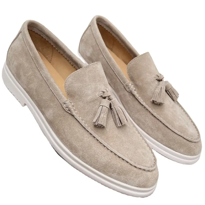 Khaki Suede Women Flat Shoes Summer Walk Moccasin Genuine Leather Soft Sole Tassel Loafers Mules Causal Fashion Beanie Shoes Men