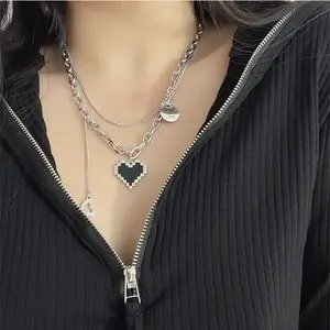 Hot sale factory Titanium black mosaic love-pixel Heart necklace